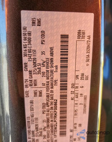 2024 Ford F150 Stx из США, поврежденный, VIN 1FTEW2LP7RKF00862